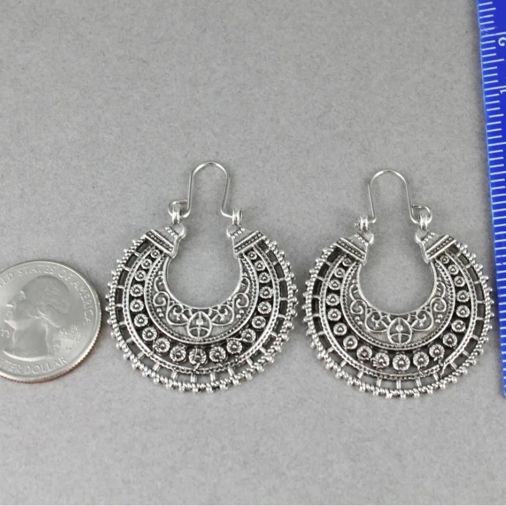 New Wildflower Wander Mandala Antique Sterling Silver Hollow Out Hoop Earrings - Picture 12 of 16